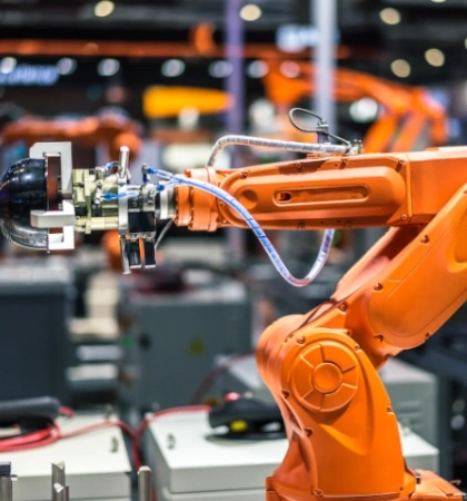 Industrial robotic arm operating on an automated production line for factory automation