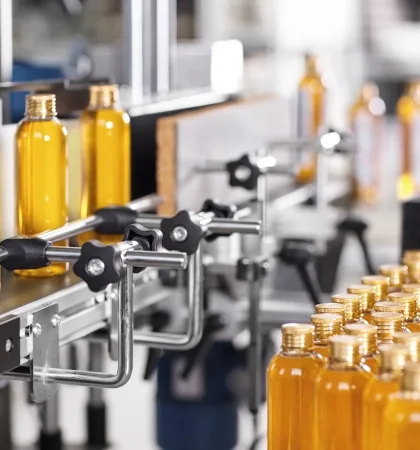 Automated bottling line with industrial vision system for food and pharma production