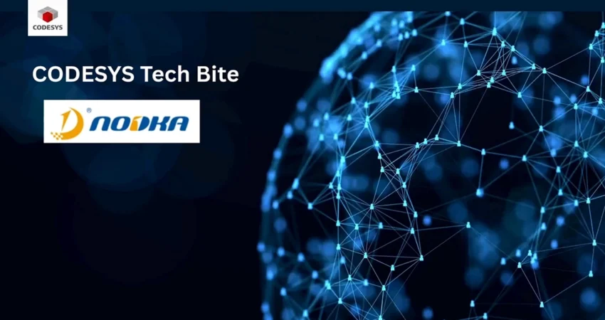 CODESYS Tech Bite slide featuring the NODKA logo on a blue connected-network globe background