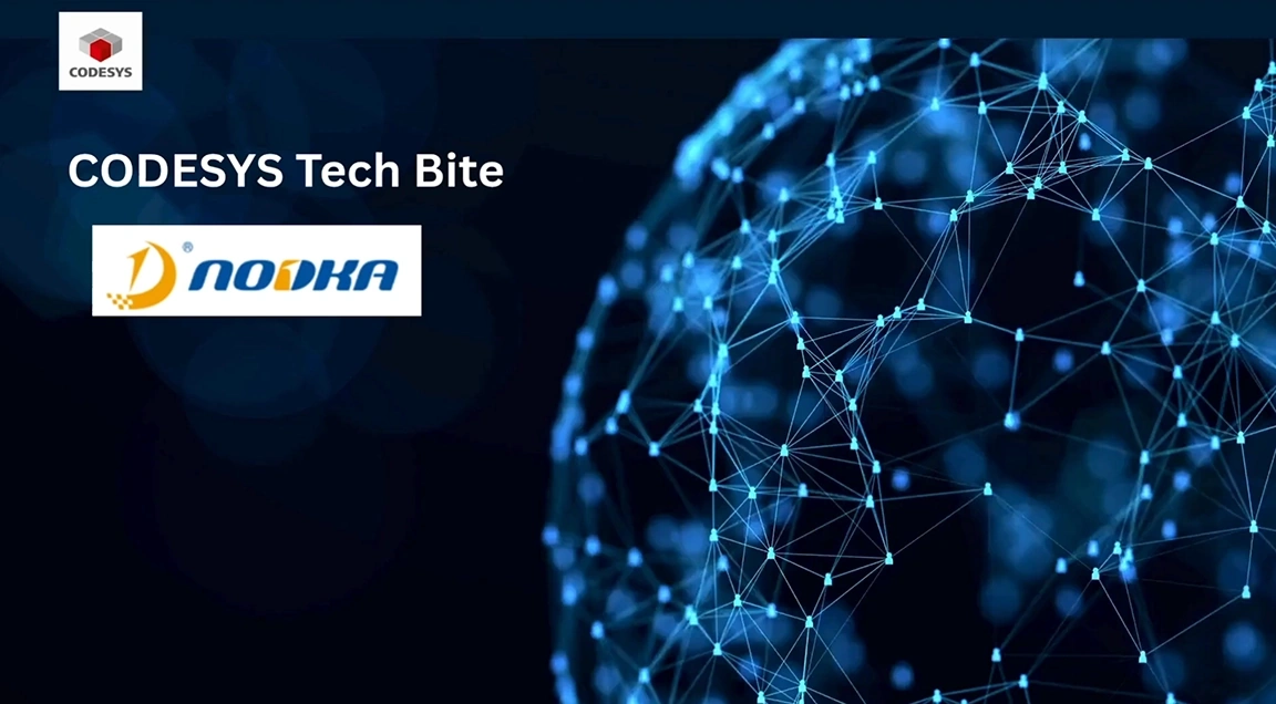 CODESYS Tech Bite slide featuring the NODKA logo on a blue connected-network globe background