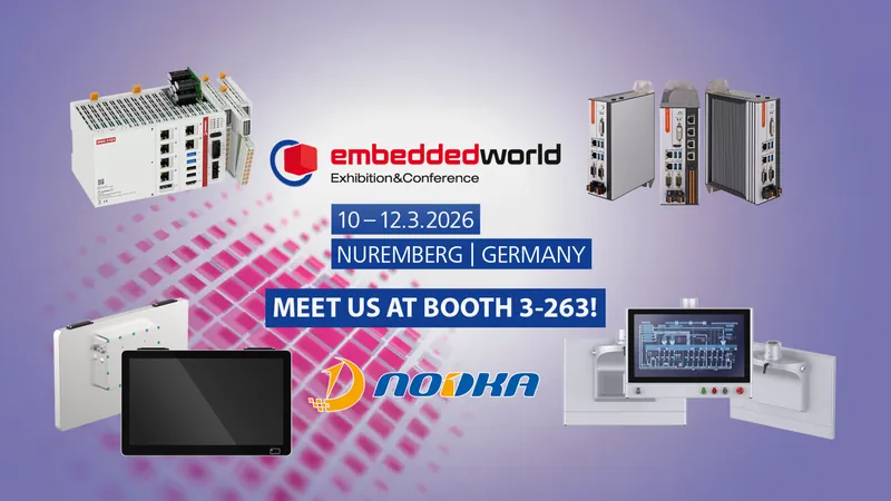 Embedded World 2026 event graphic featuring Nodka industrial PCs and panel PCs with booth 3-263 in Nuremberg, Germany