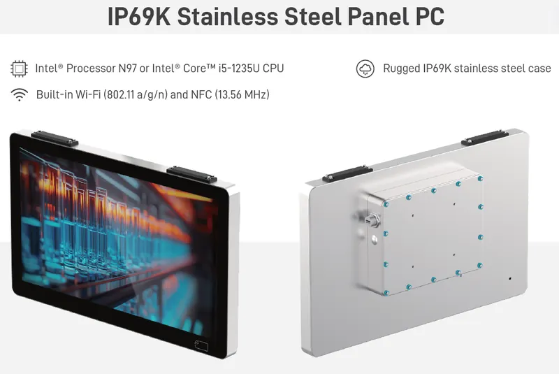 P69K stainless steel panel PC with front touchscreen and sealed rugged enclosure for washdown industrial use