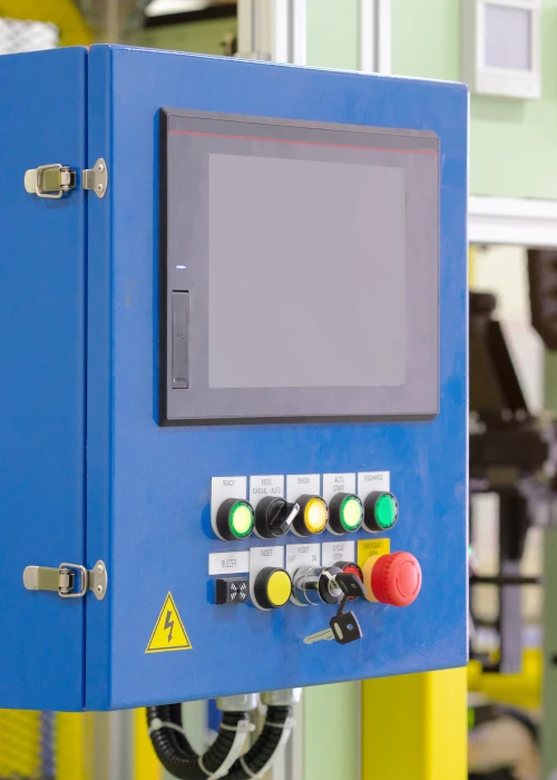 Industrial control panel with touchscreen HMI for factory automation systems