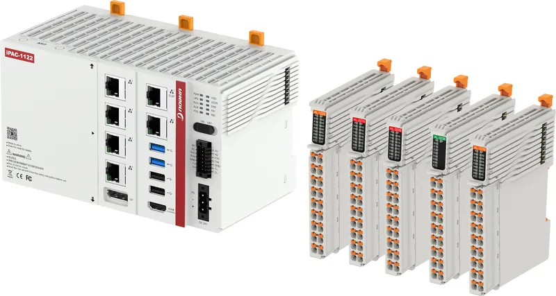 Rugged industrial automation PC with multiple Ethernet and USB ports alongside modular I/O blocks for machine control