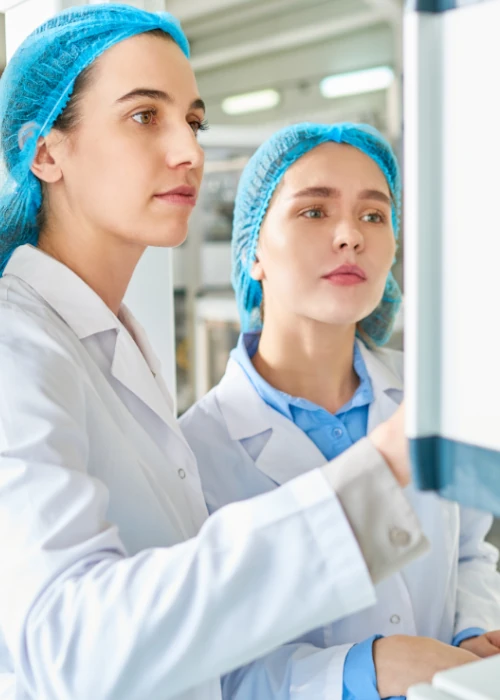 Cleanroom technicians monitoring automated industrial production process