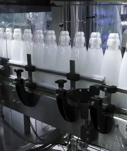 automated filling line with white bottles in industrial production facility
