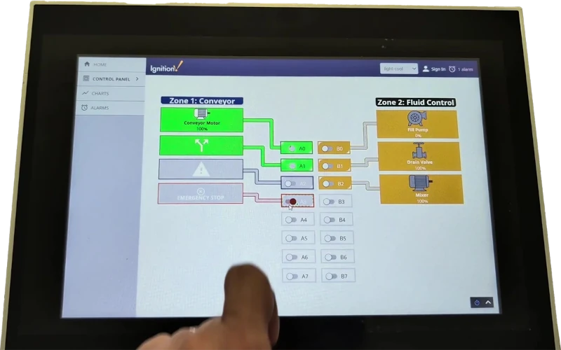 NODKA panel PC running Ignition HMI demo for conveyor and fluid control visualization
