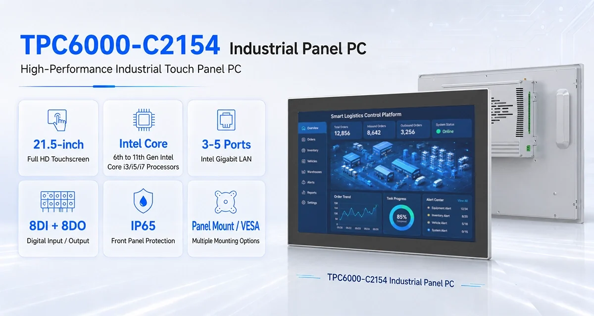 NODKA TPC6000-C2154 industrial panel PC with 21.5-inch touchscreen, Intel Core processor, multi-LAN, DI/DO, IP65 front panel, and VESA mounting