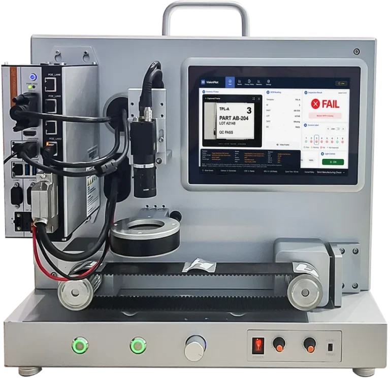 Machine vision demo system with Edge AI IPC, camera inspection setup, and automated pass fail quality control display
