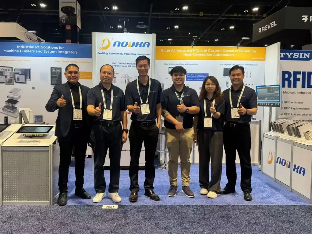 NODKA team at Booth 2081 during Automate 2026 with industrial computing and edge AI demo displays