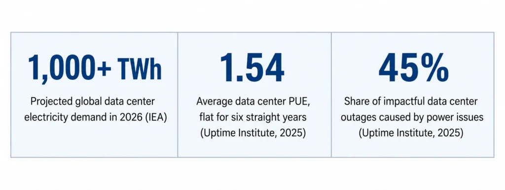 Data center statistics showing projected electricity demand, average PUE, and power-related outage share for AI data center monitoring